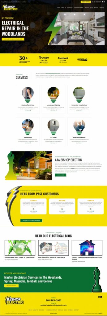 A screenshot of AAA Bishop Electric's home page website design.