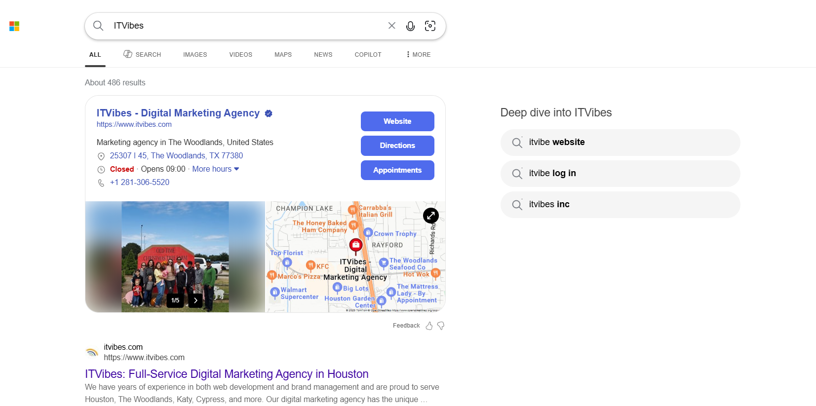 Bing search results page showing a digital marketing agency listing with business details, map location, and website link