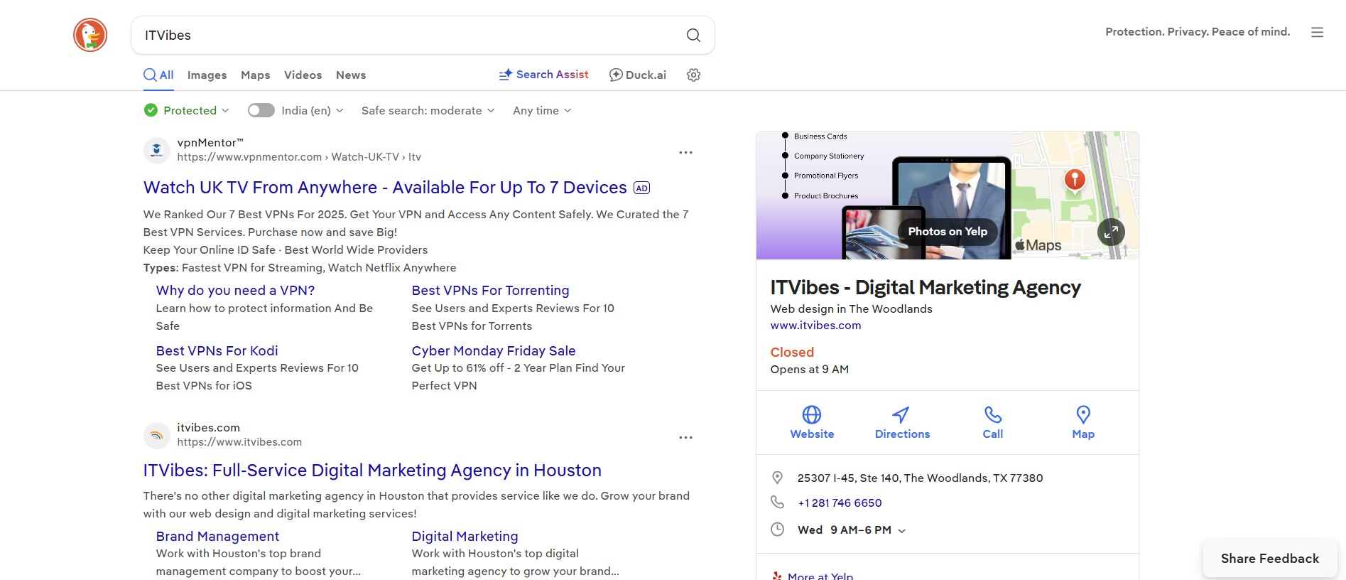 DuckDuckGo search results page showing a digital marketing agency website listing and business information panel with map and contact details