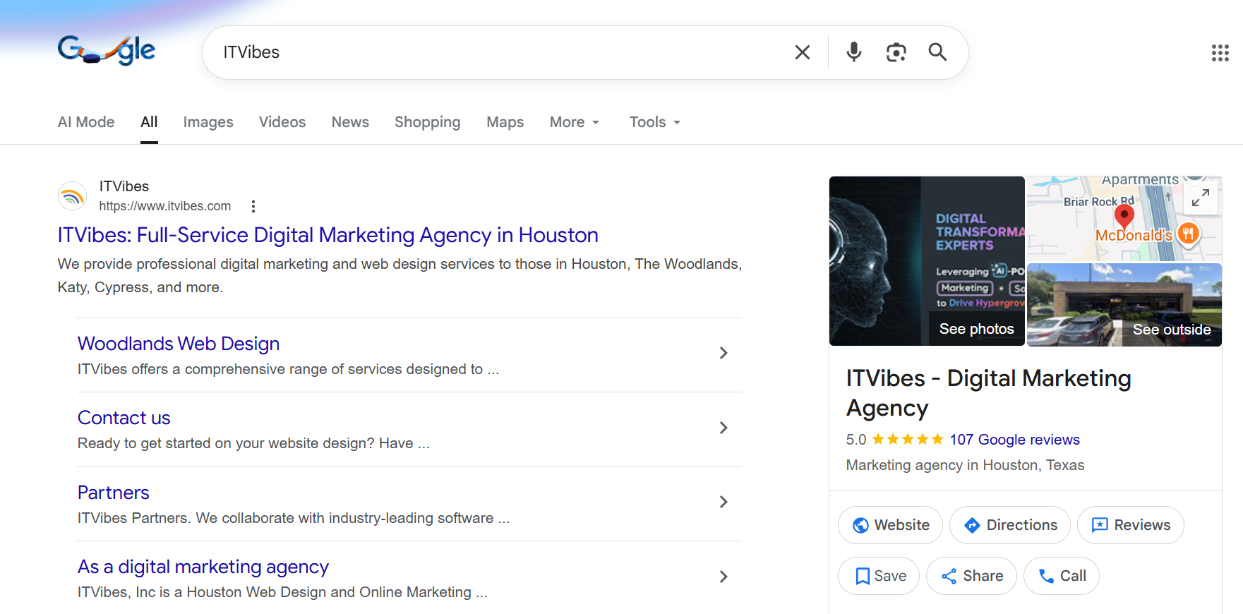 Google search results page showing a digital marketing agency website listing and business profile panel