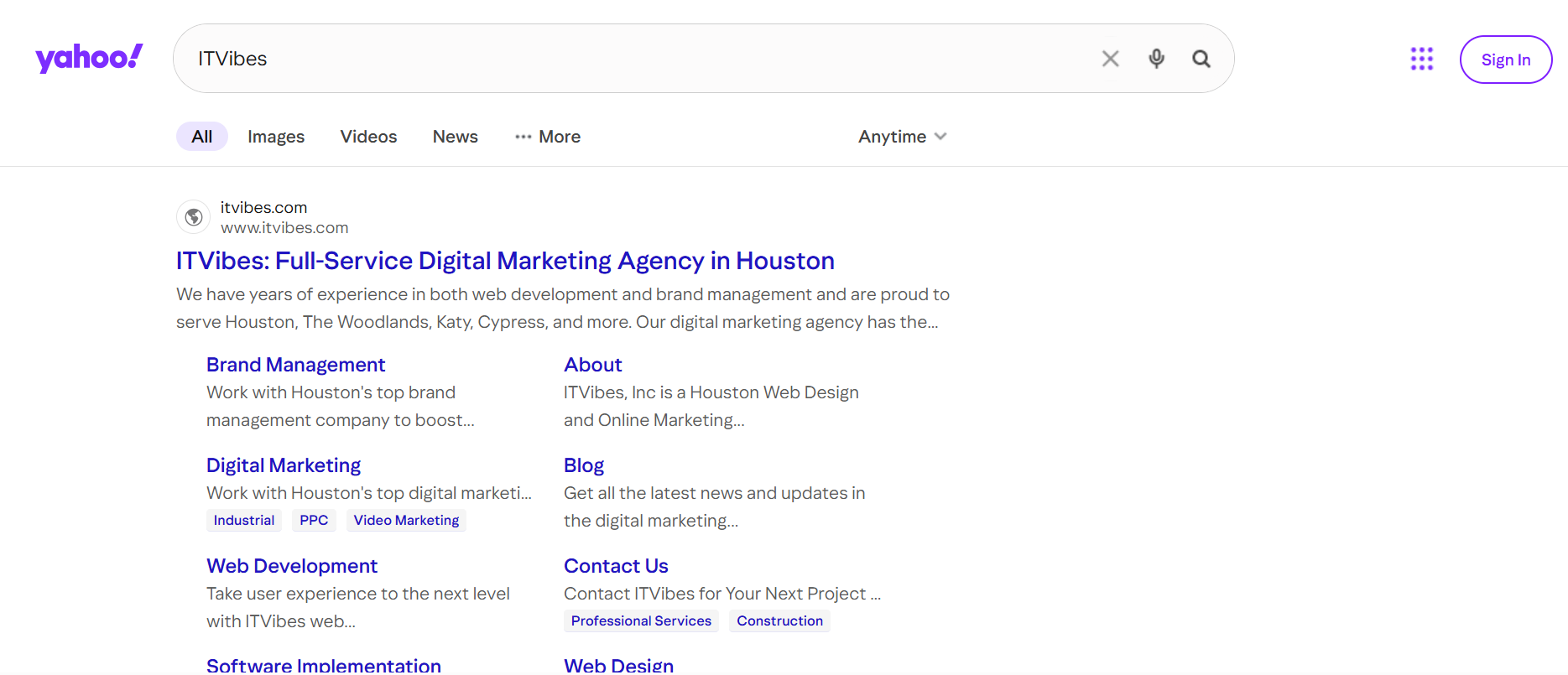 Yahoo search results page showing a digital marketing agency website listing with site links for services and pages