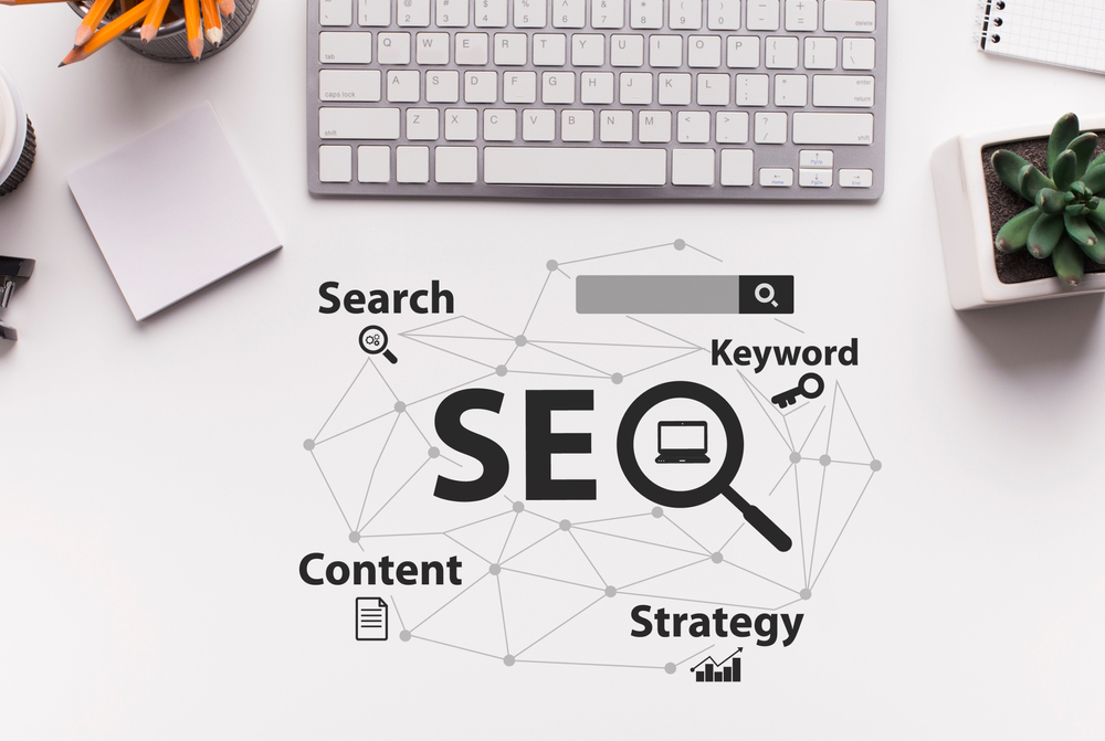 seo strategy diagram with optimization keywords arranged on a desk, representing search engine optimization planning and website improvement.