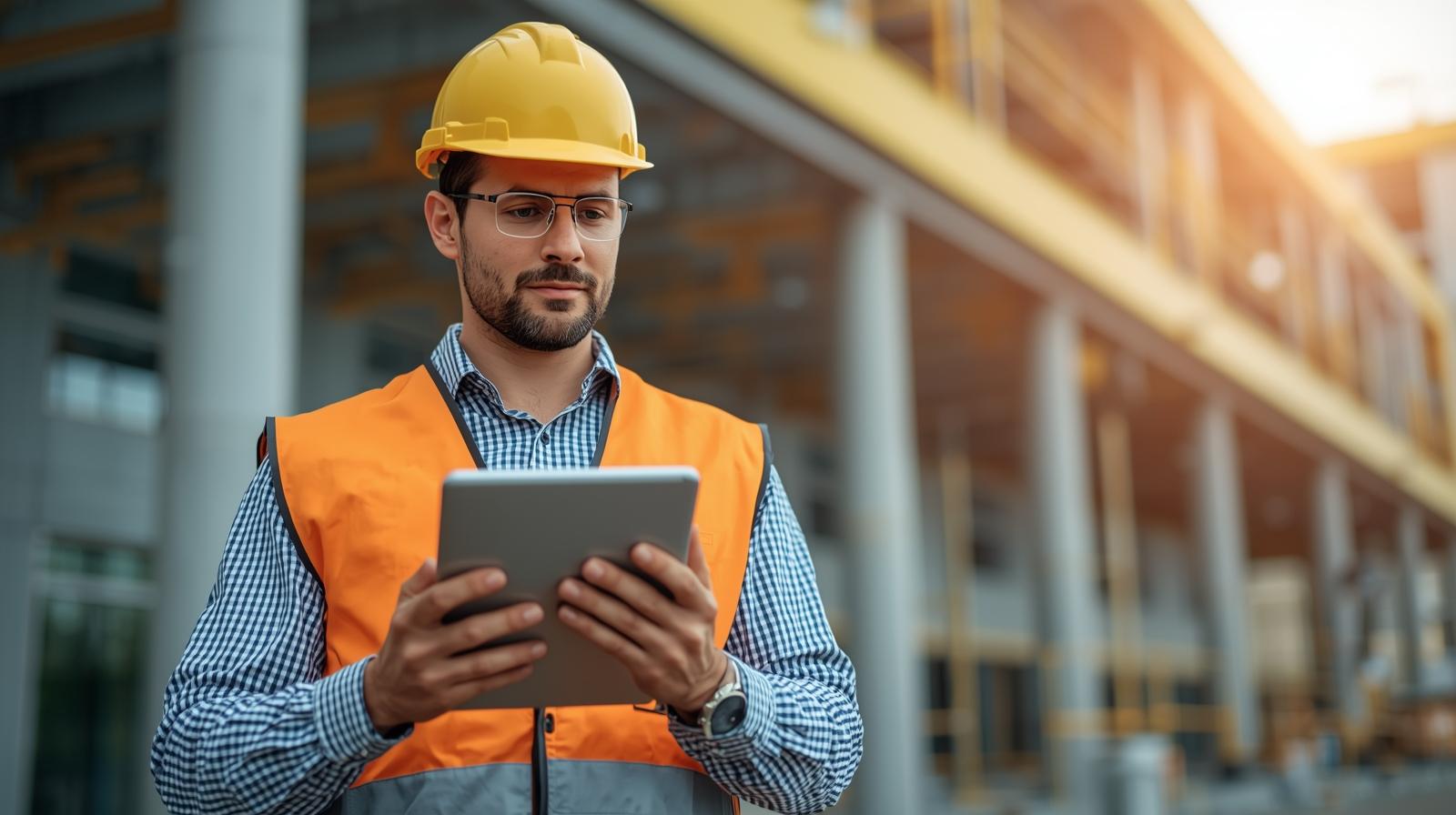 A professional contractor in a hard hat and safety vest, standing confidently in front of a modern construction site, looking thoughtfully at a tablet displaying charts and graphs related to online marketing, seeking paid ads or SEO services for construction business marketing. Photorealistic style, warm, inviting colors, medium shot.