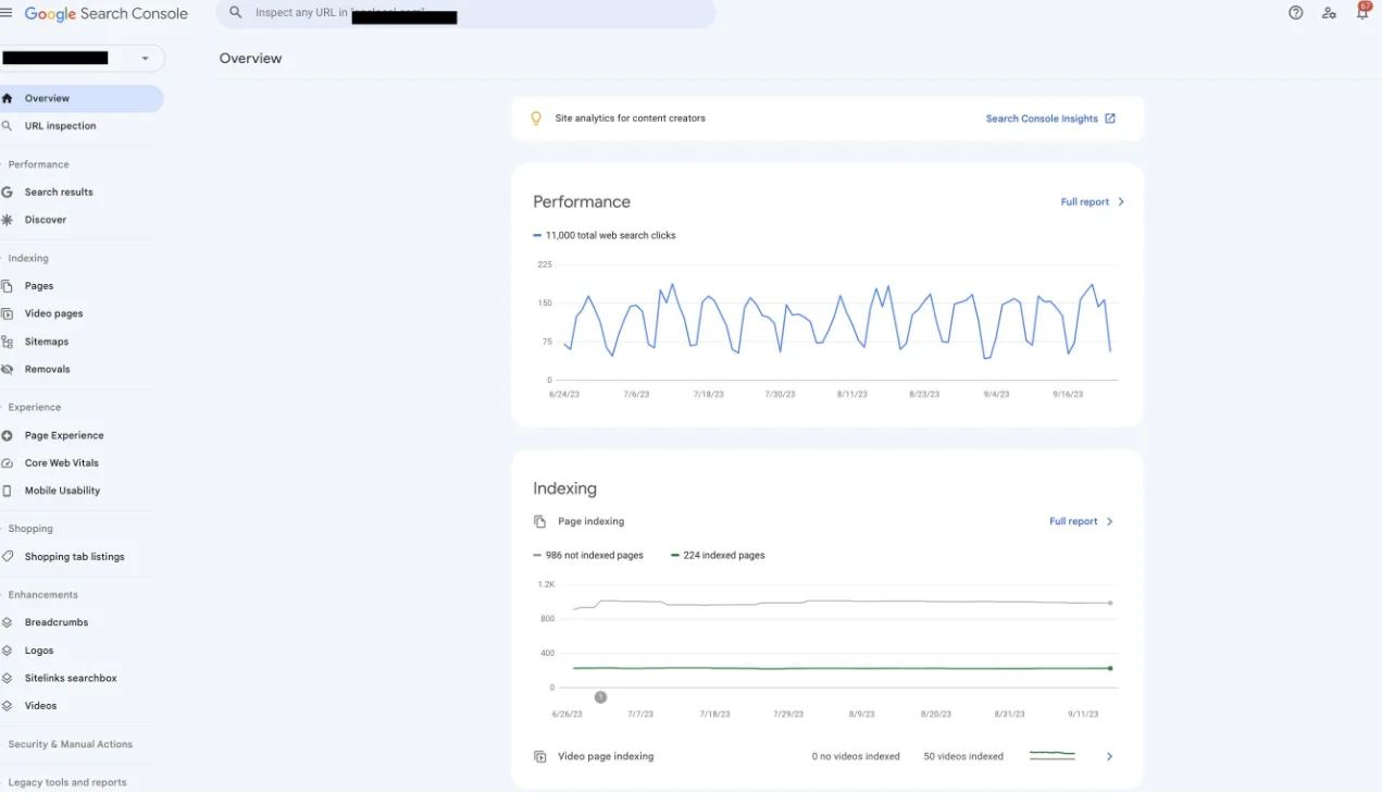Google Search Console indexing report showing pages discovered by Google, including indexed and non-indexed URLs used to identify orphan pages