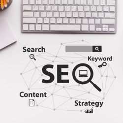 seo strategy diagram with optimization keywords arranged on a desk, representing search engine optimization planning and website improvement.