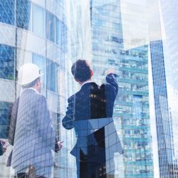 construction work and commercial real estate development, business background banner double exposure