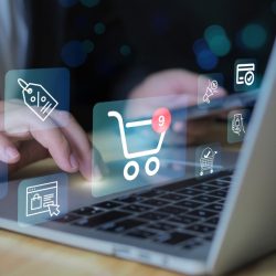 online shopping concept,E-commerce and online shopping concept with icons, website ad, email, social network, SEO, video, mobile app,Digital online marketing commerce sale concept.